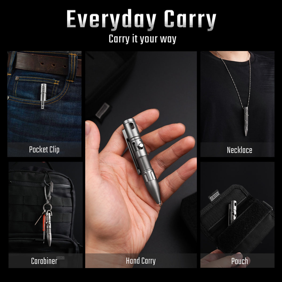 TPX11 everyday carry options with pocket clip, carabiner, hand carry, necklace, and pouch.