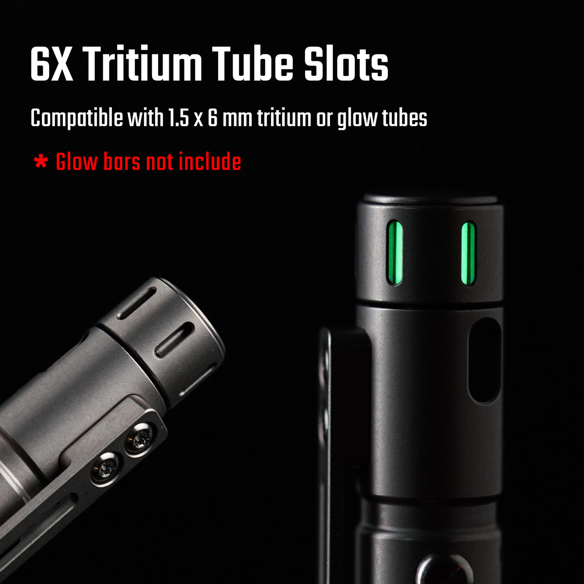 spinner top with six slots compatible with 1.5 x 6 mm tritium or glow tubes; tubes not included
