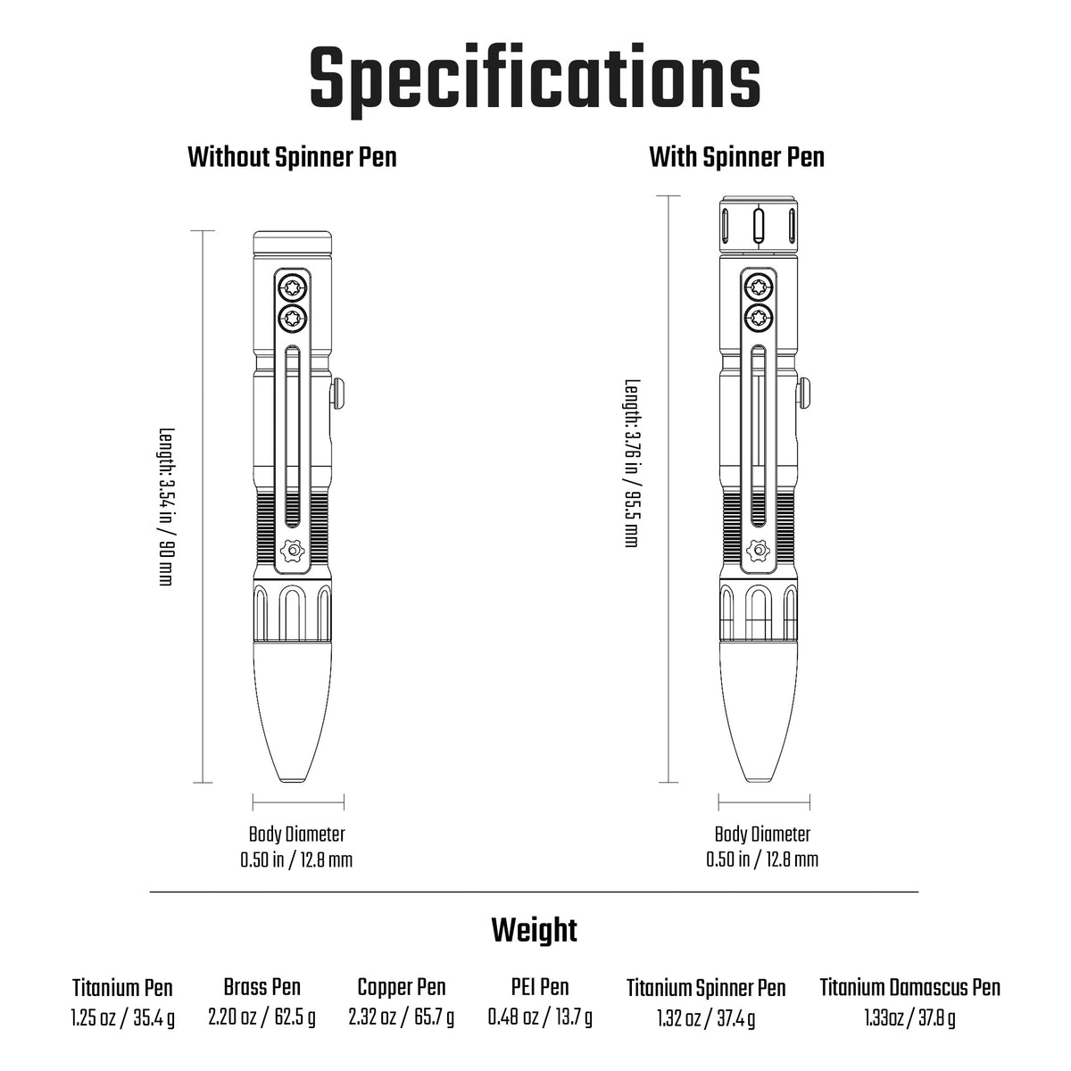 MecArmy TPX11 dimensions and weight chart for versions with and without spinner.