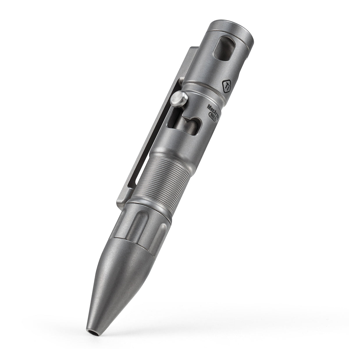 MecArmy TPX11 modular bolt-action pen in titanium with removable pocket clip.