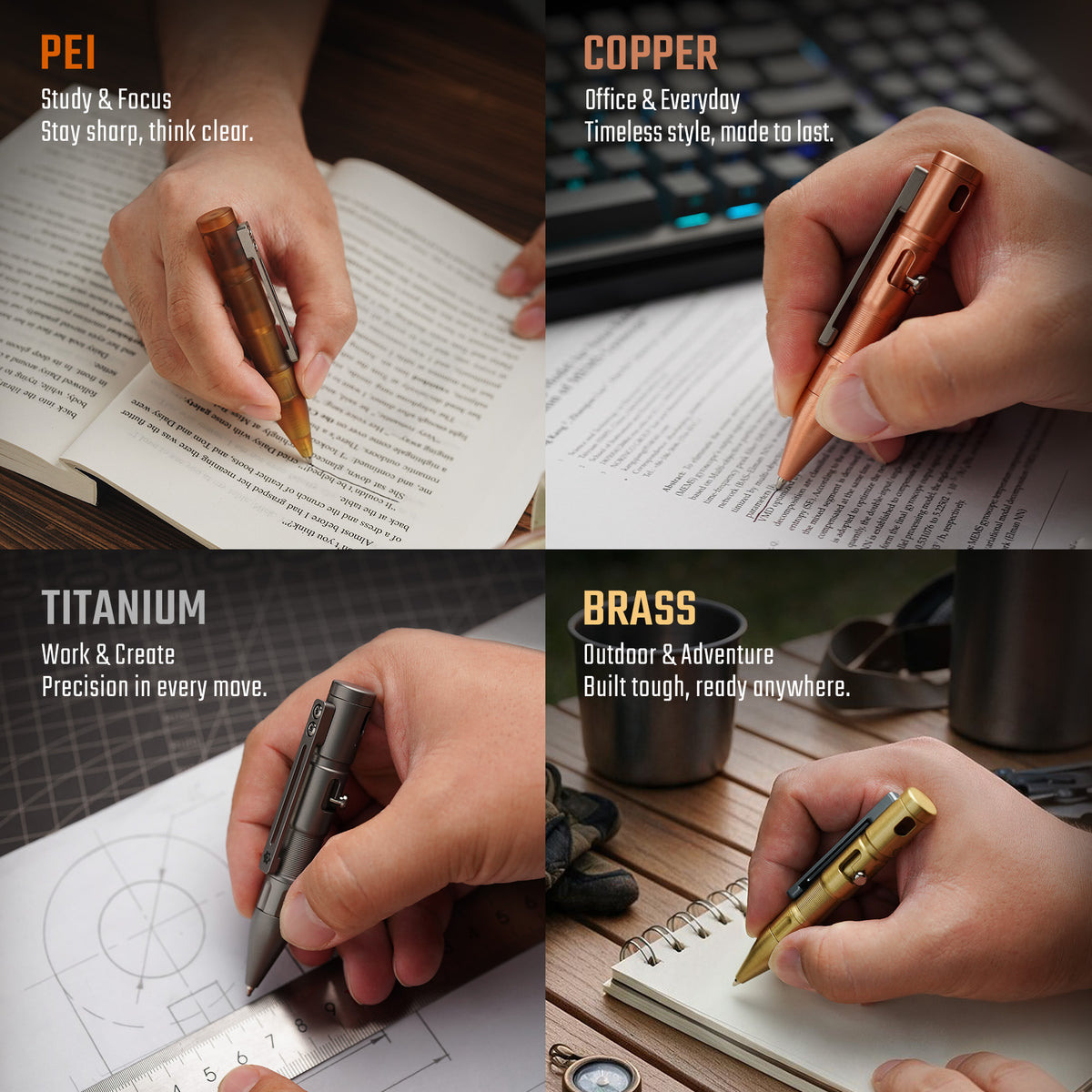 TPX11 material options shown in use: PEI, copper, titanium, and brass.